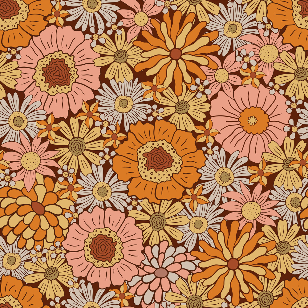 Groovy seamless pattern with flowers.